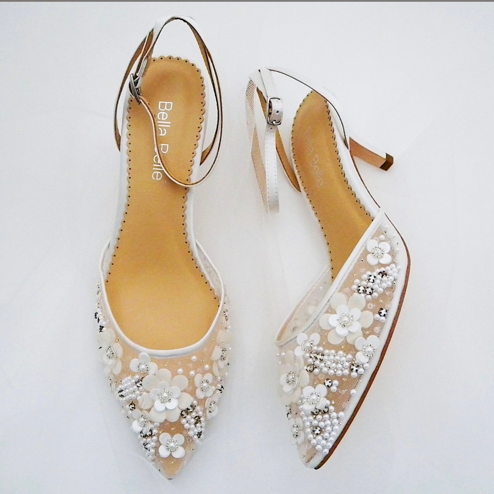 Bella Belle Rosa Beaded, Flower Bridal Shoes, ivory, Kitten Heel NWT